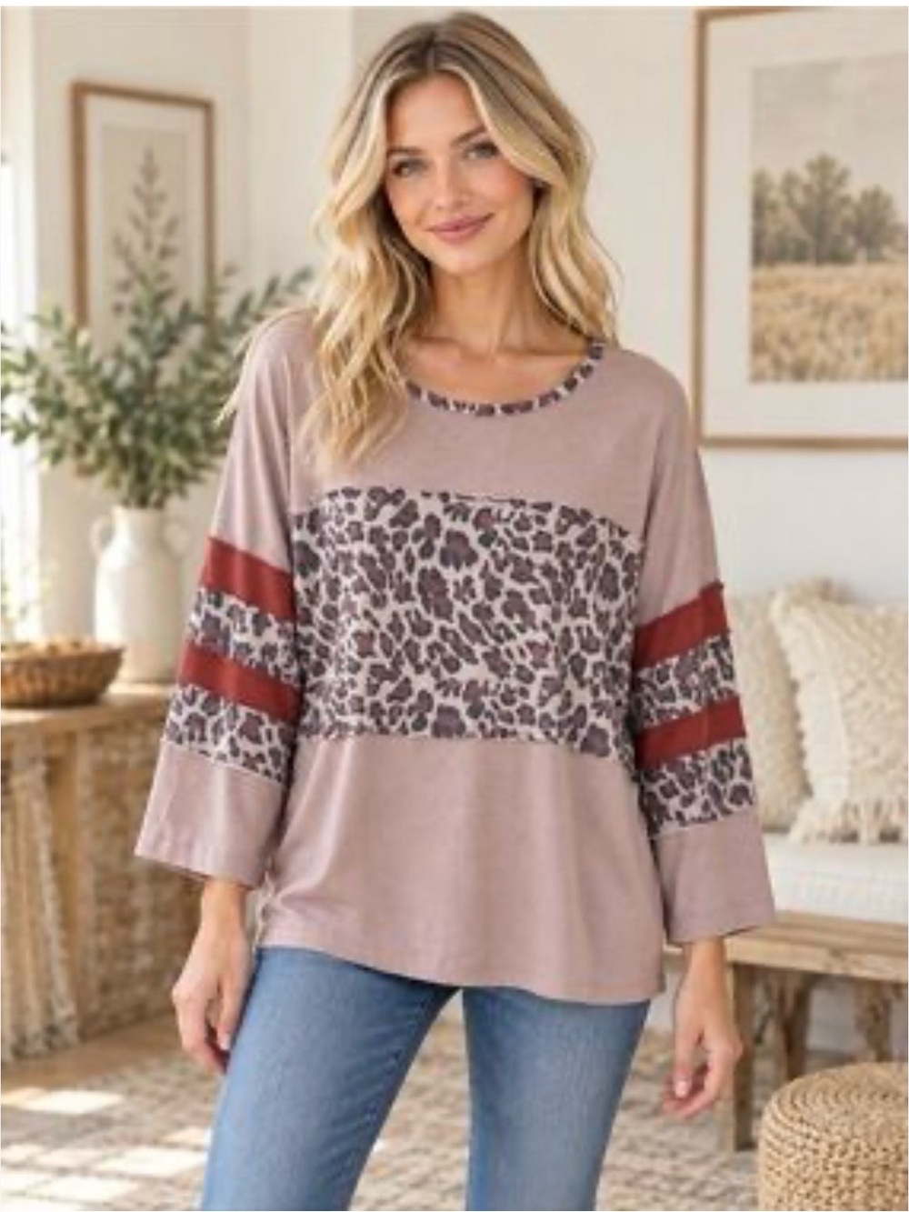 easel Dusty Mauve Leopard-Panel Long Sleeve Top with Rust Stripes sz large